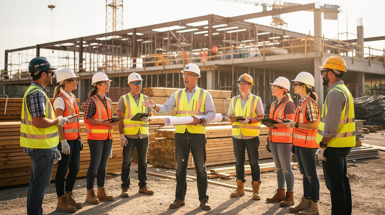 A construction supervisor is seen engaging with a group of young apprentice workers on a job site, all wearing personal protective equipment. The scene emphasizes the importance of heat illness prevention and occupational safety, as the supervisor likely discusses strategies to protect workers from heat stress and ensure adequate rest breaks in hot environments.