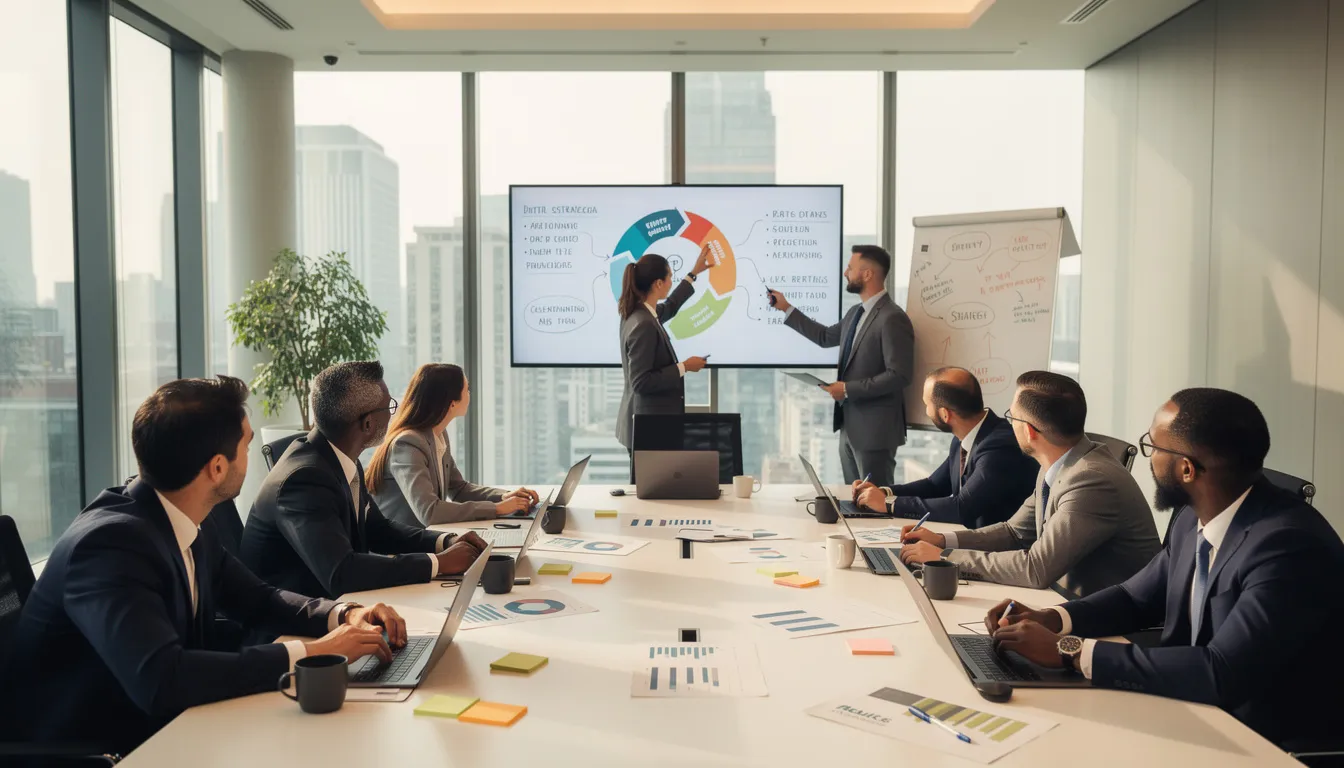 A group of senior executives participates in a collaborative learning workshop focused on leadership development, enhancing their leadership skills and emotional intelligence. The environment encourages continuous learning, fostering team effectiveness and strategic thinking among the leaders as they work together to navigate new challenges and drive business success.
