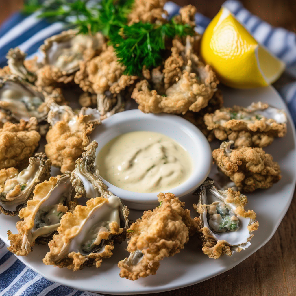 Image of fried oysters with lemon, garlic aioli, and crusty bread crumbs, a top choice among seafood recipes.