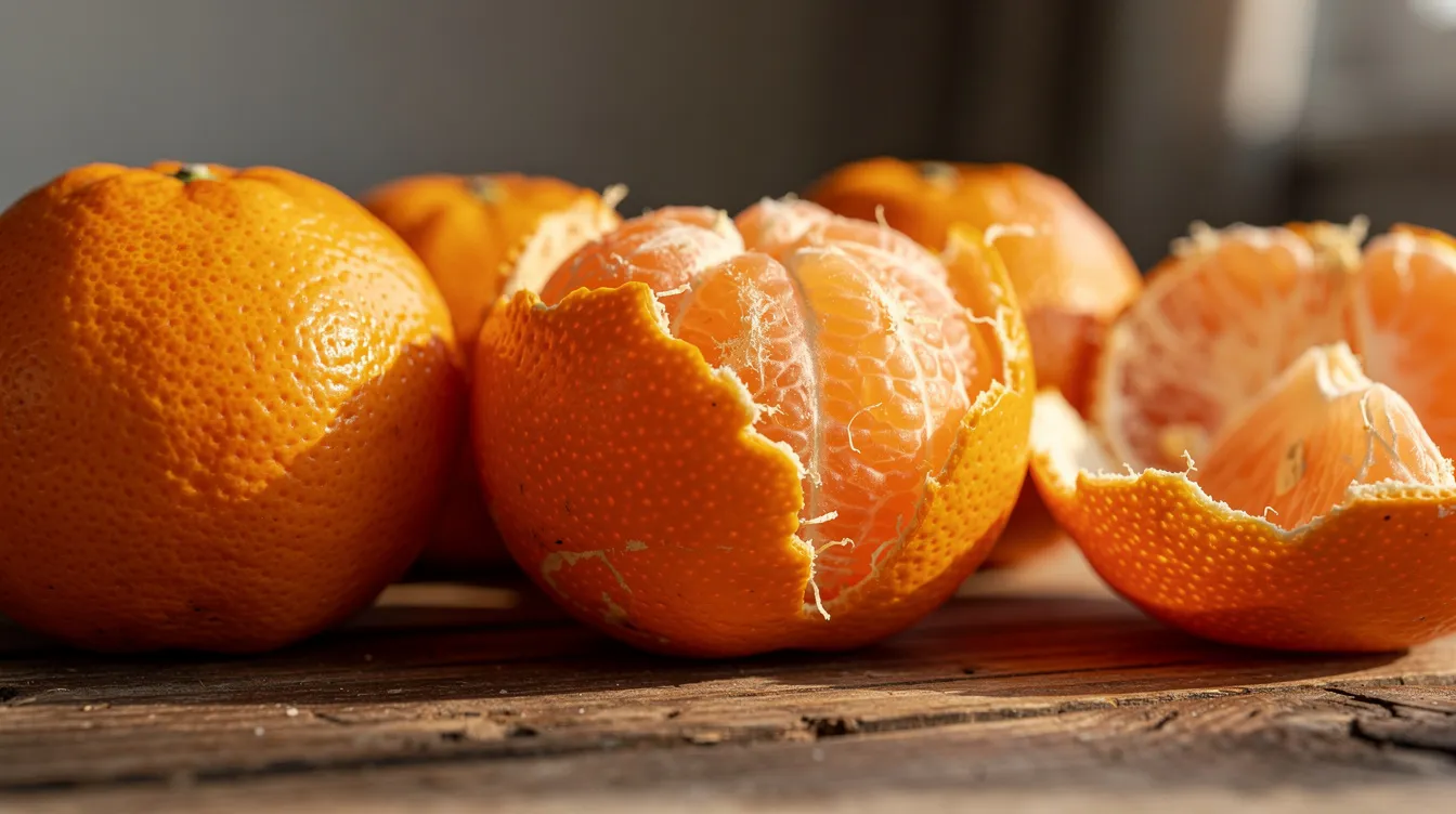 Die Nahaufnahme zeigt mehrere orangefarbene Zitrusfrüchte, darunter Mandarinen und Clementinen, die teilweise geschält und teilweise ungeschält auf einem Holztisch liegen. Diese Früchte unterscheiden sich in der Schale und dem Geschmack, was sie zu einer beliebten Wahl für die Winterernährung macht.