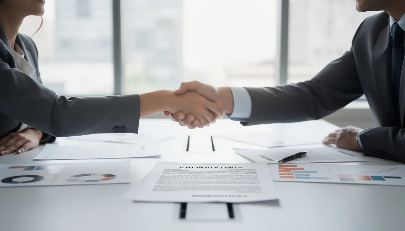 Two people shaking hands across a table, with various documents related to a real estate transaction placed between them.