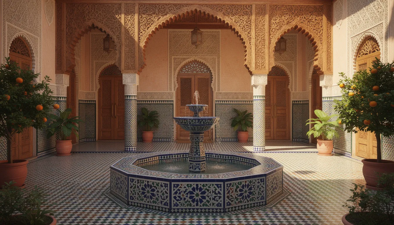 The image depicts a traditional Moroccan courtyard featuring a beautifully designed zellige tile fountain surrounded by intricately carved cedar archways, showcasing the rich craftsmanship and cultural heritage of Morocco. The vibrant tiles and architectural details reflect traditional motifs that are essential to Moroccan culture.