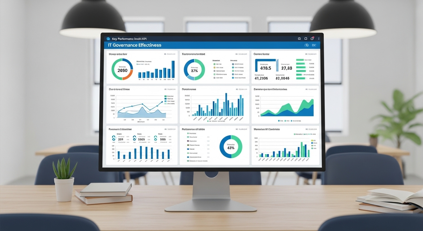 Dashboard displaying KPIs and performance metrics for IT governance effectiveness.