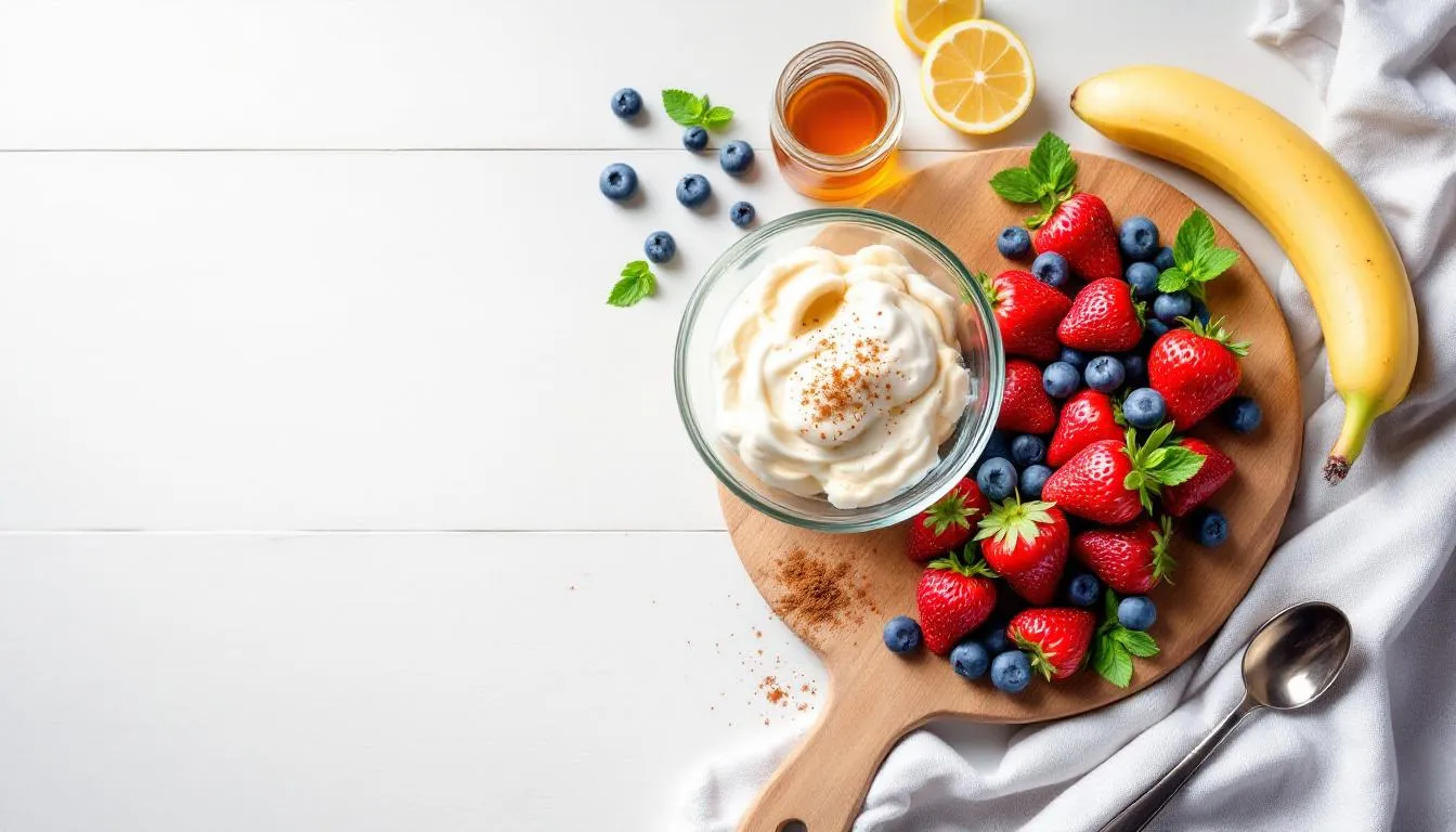 The image shows a variety of ingredients arranged for making homemade low calorie ice cream, including fresh strawberries, bananas, and natural sweeteners like stevia, all set on a clean countertop. These ingredients are perfect for creating delicious ice creams that cater to dietary preferences while keeping calories low.