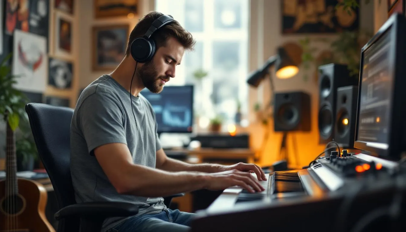 The image depicts a musician freelancer in a vibrant studio, deeply focused on creating music with various instruments and equipment around him, embodying the essence of freelance services in the creative industry. This scene highlights the flexibility and creativity that come with a freelance career, appealing to job seekers and potential clients on platforms like Upwork and other freelancing sites.