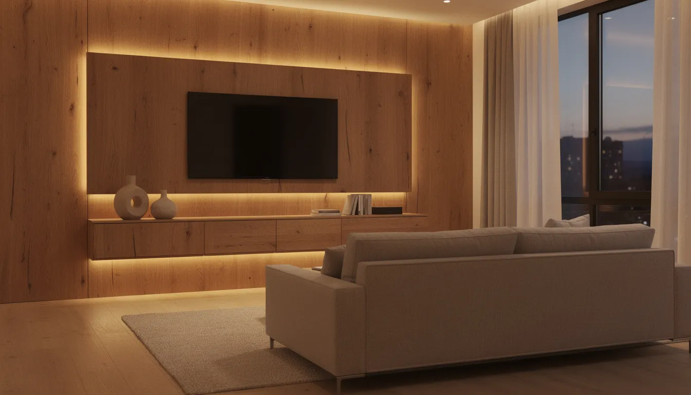 Een moderne woonkamer met een grote tv wand in warme houttinten, voorzien van een zwevend tv meubel en sfeerverlichting. De luxe afwerking en strakke lijnen van de wandpanelen maken het een echte eyecatcher in het interieur.