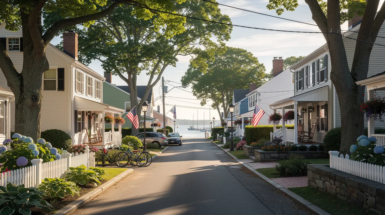 The image depicts a charming New England coastal neighborhood street lined with well-maintained clapboard houses and mature trees, with a glimpse of water in the background under the warm summer afternoon light. This picturesque scene reflects the Connecticut shoreline aesthetic, perfect for buyers looking for their ideal home in a serene setting.