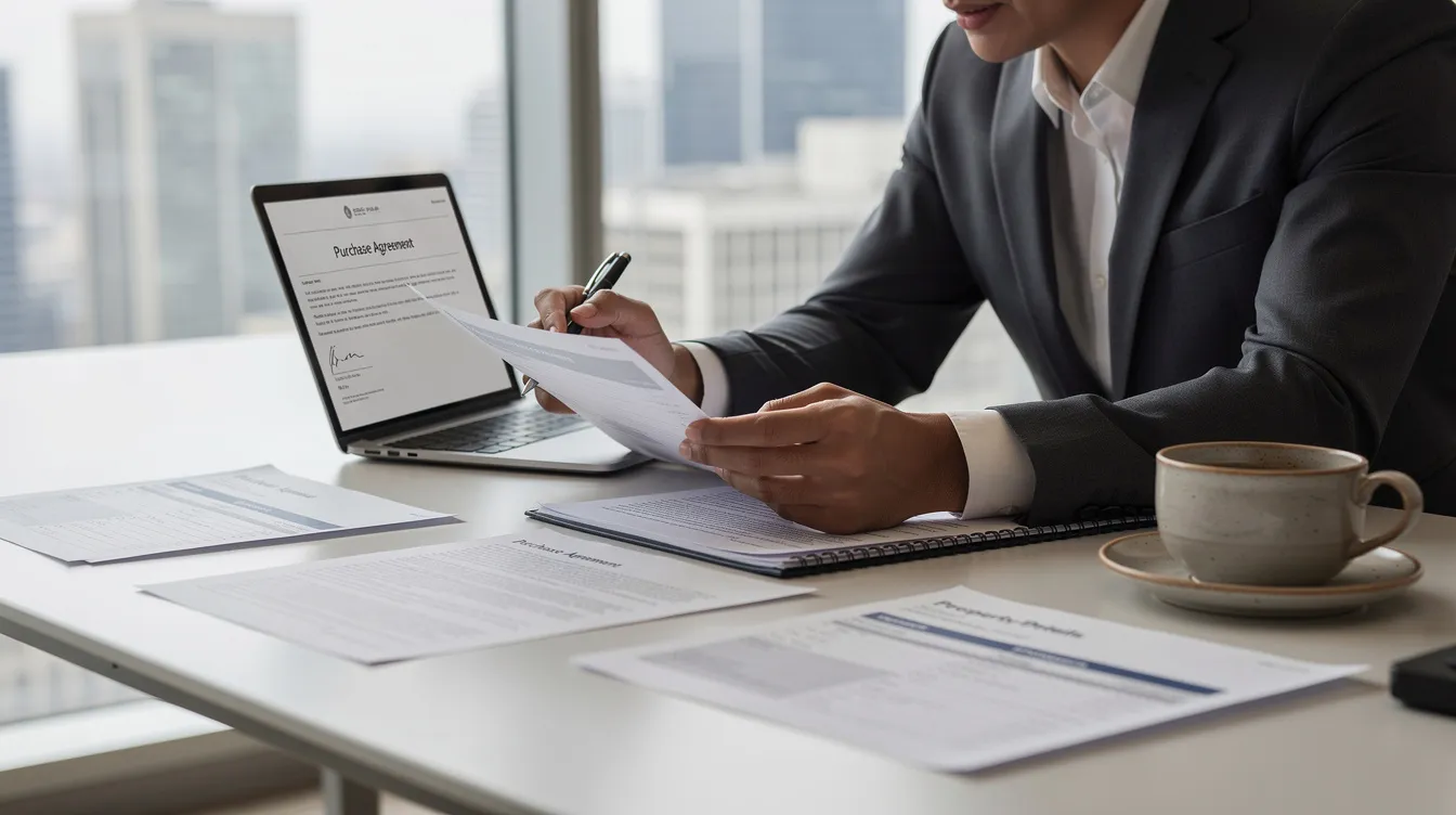A person is seated at a desk, focused on reviewing a real estate deal, surrounded by a laptop, scattered papers, and a coffee cup. The scene reflects the process of analyzing investment property options, considering factors like rental income, mortgage payments, and financing strategies.