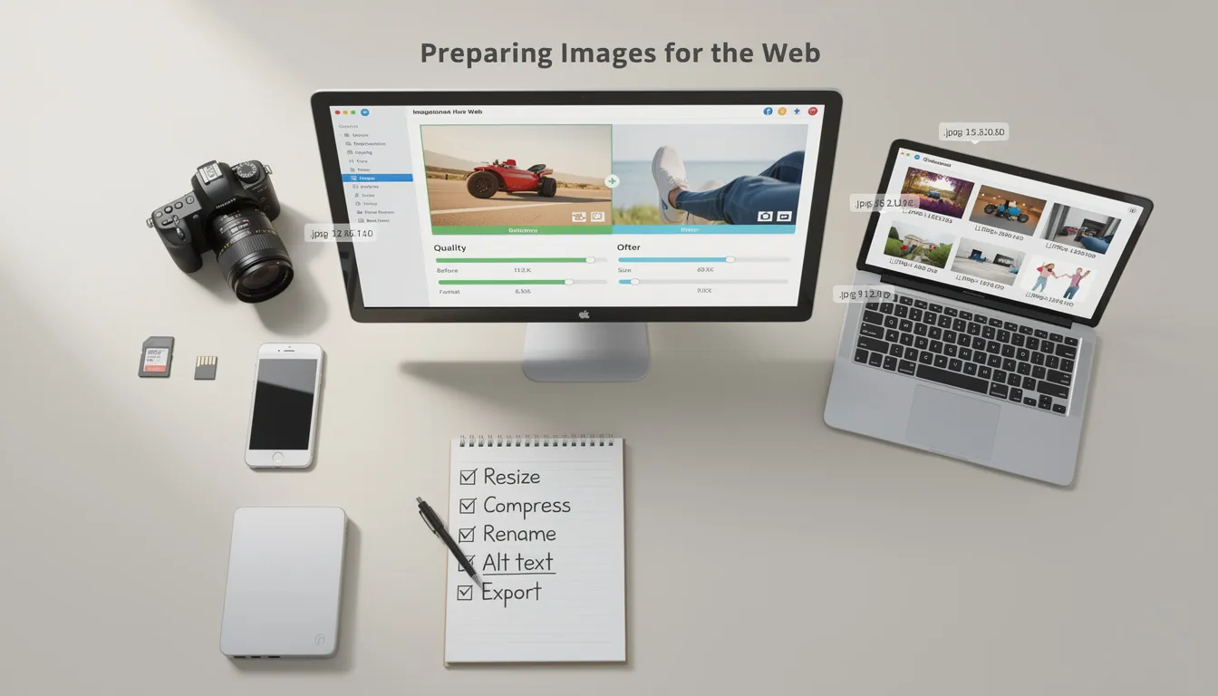 The image depicts a web developer working on optimizing images for a website, focusing on image quality and file sizes to enhance loading times and improve SEO. Various elements such as standard HTML image elements and alt text are displayed on the screen, illustrating best practices for preparing images for web pages and search engines.