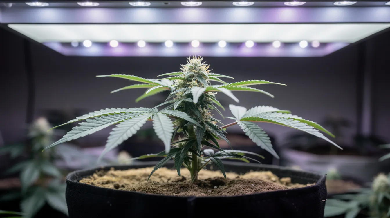 Das Bild zeigt eine gesunde Cannabis-Pflanze, die unter kontrollierter LED-Beleuchtung in einem Innenraum wächst. Diese Art der Anzucht ist besonders relevant im Kontext der bevorstehenden Legalisierung von Cannabis in Deutschland, die am 1. April 2024 in Kraft treten soll.