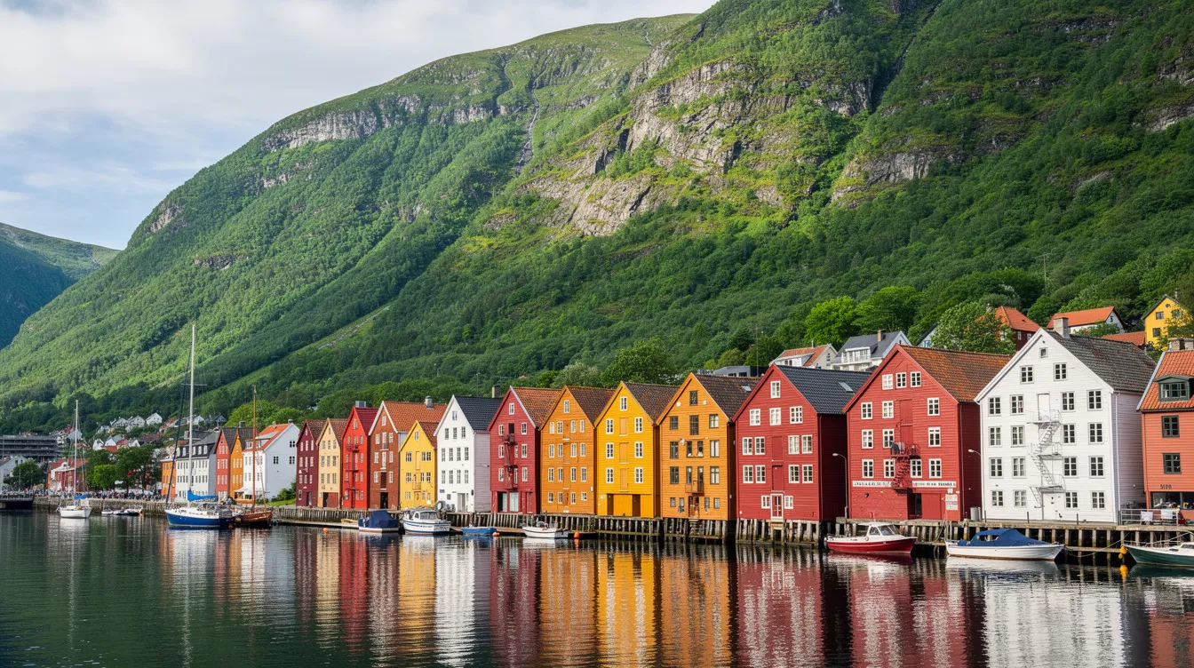 The image depicts colorful wooden houses lining the waterfront in Bergen, Norway, with lush green mountains rising majestically in the background. This picturesque scene reflects the stunning natural landscapes that characterize Norwegian cities, making it a desirable place to live for many seeking a balance between work and life.
