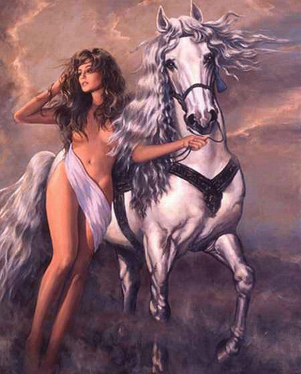 Goddess Rhiannon is trailing a white horse through a cloudy fog.