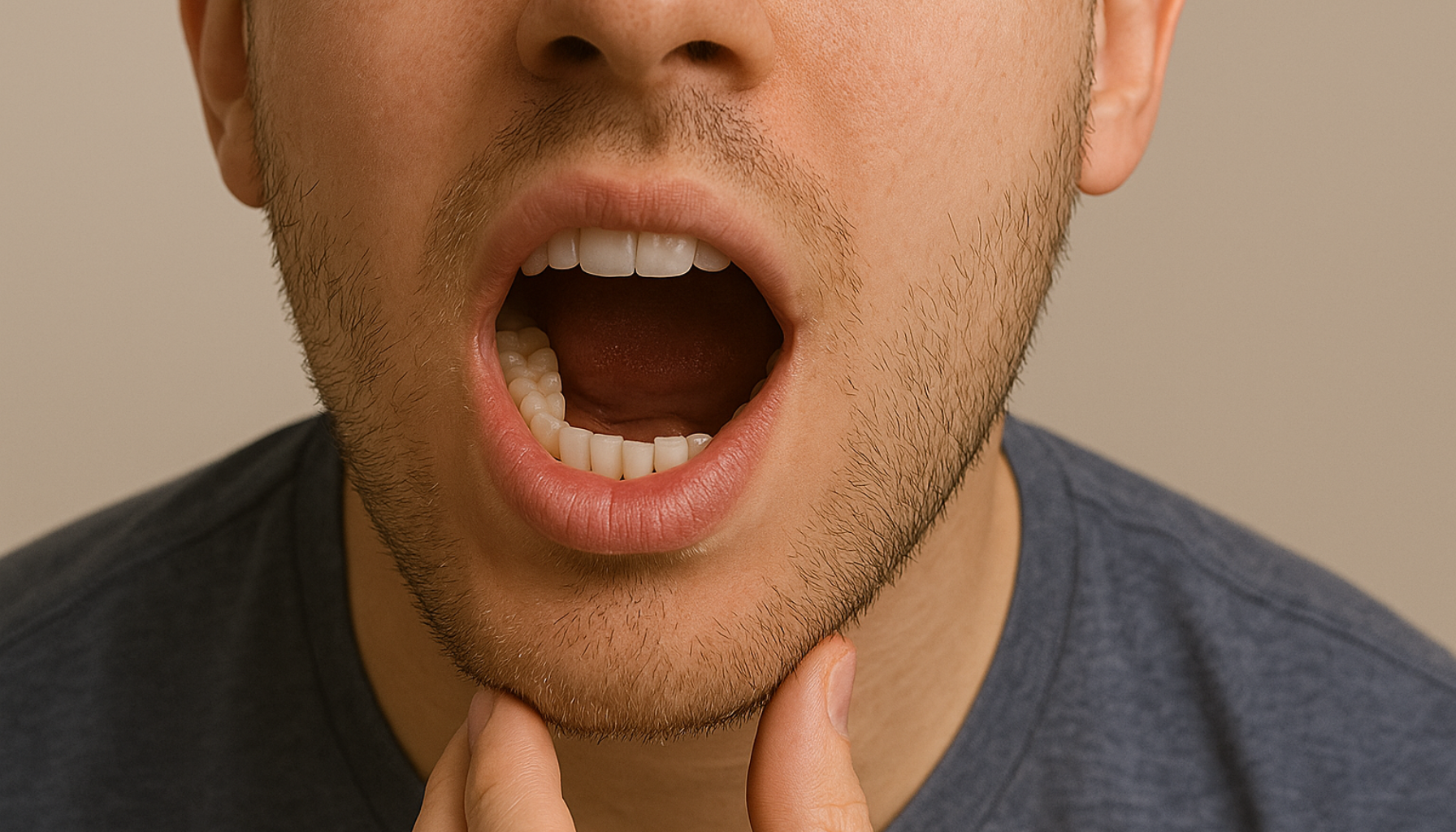 Ung mann med åpen munn viser frem visdomstann, med fokus på tenner, tannkjøtt og hake mot nøytral bakgrunn.