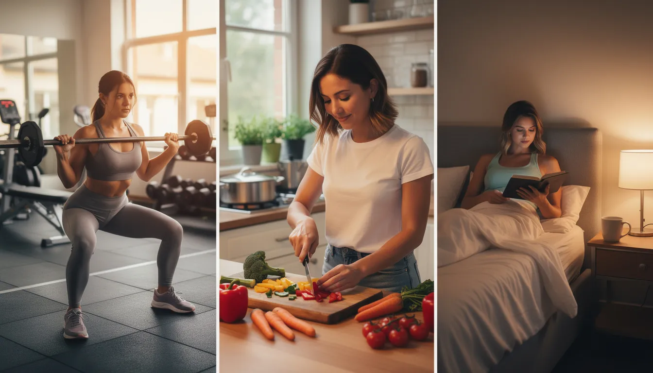 The image features a lifestyle collage of a woman engaging in healthy habits: lifting weights to enhance physical performance, preparing fresh vegetables in a kitchen for nutritious meals, and reading in bed during the evening for relaxation. This depiction emphasizes the importance of maintaining metabolic health and the potential benefits of incorporating nmn supplementation into a wellness routine.