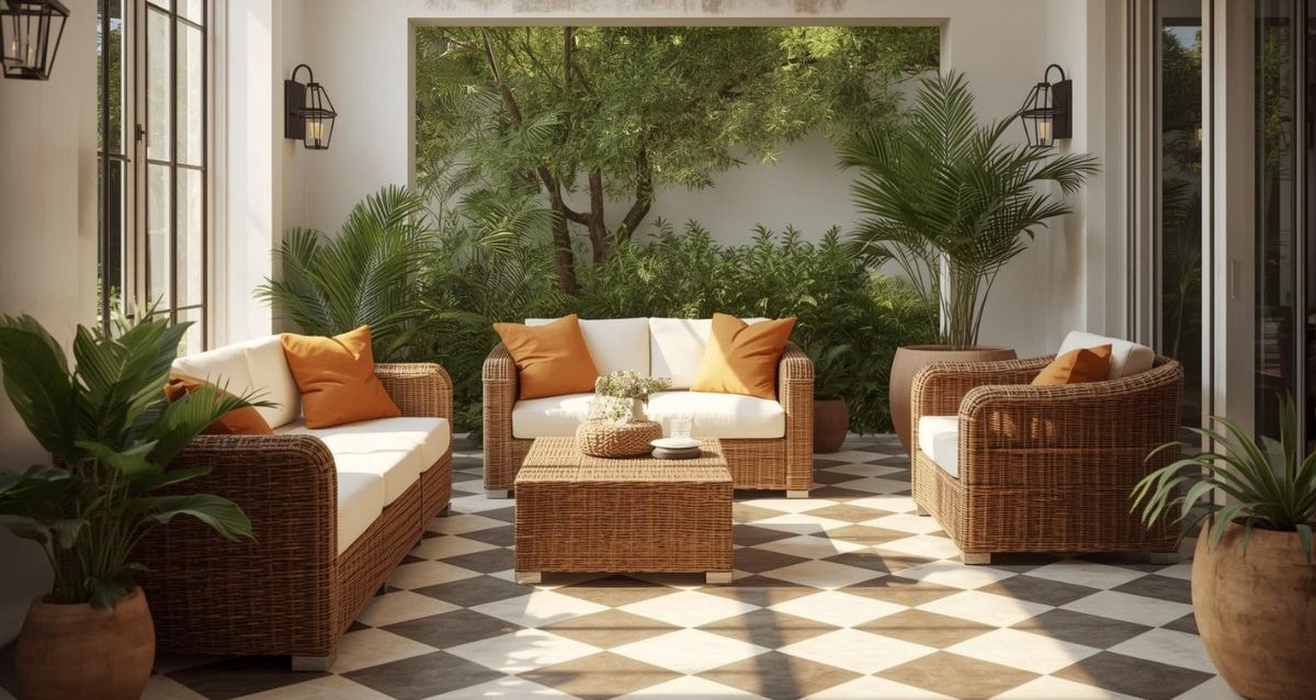 Outdoor living area with checkerboard flooring