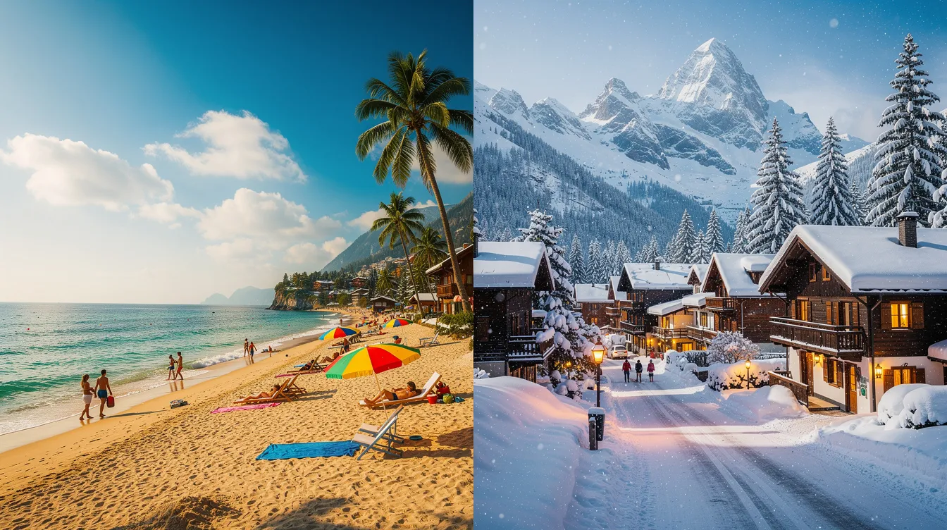 The image displays a split-scene, where on the left, a sunny Mediterranean beach invites people to relax under clear blue skies, while on the right, a snowy alpine mountain village features cozy houses blanketed in white, creating a serene winter atmosphere. This contrast highlights the different experiences of summer and winter vacations.