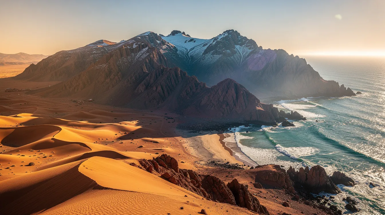 The image showcases a breathtaking panoramic view of Morocco's diverse landscape, featuring golden desert dunes of the Sahara, the rugged peaks of the Atlas Mountains, and the sparkling waters of the Atlantic coast. This stunning scenery highlights the country's varied climates, making it an ideal destination for those looking to visit Morocco year-round, especially during the pleasant weather of spring and autumn.