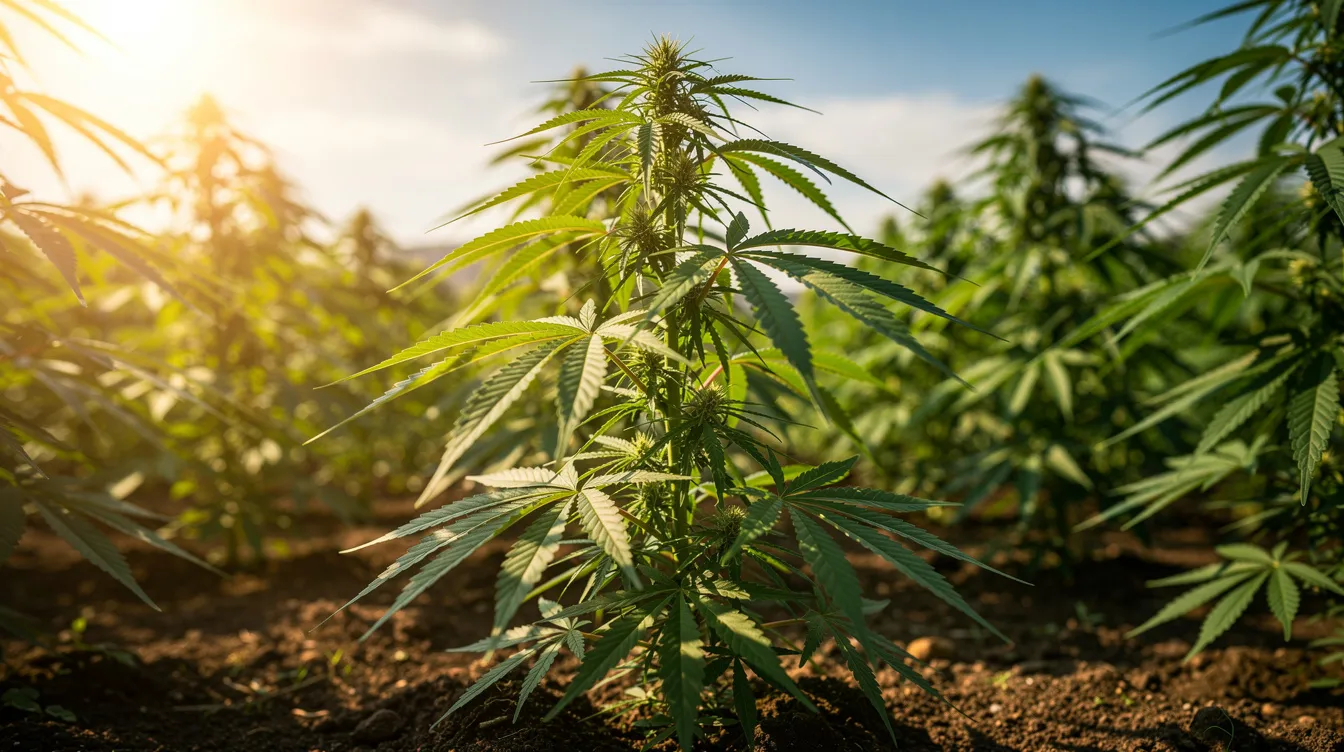 The image depicts a vibrant green hemp plant thriving under bright sunlight in a lush field, symbolizing the growth and potential of consumable hemp products. This scene reflects the legal landscape surrounding hemp, including federal regulations and the evolving status of hemp derived products in states like Louisiana.
