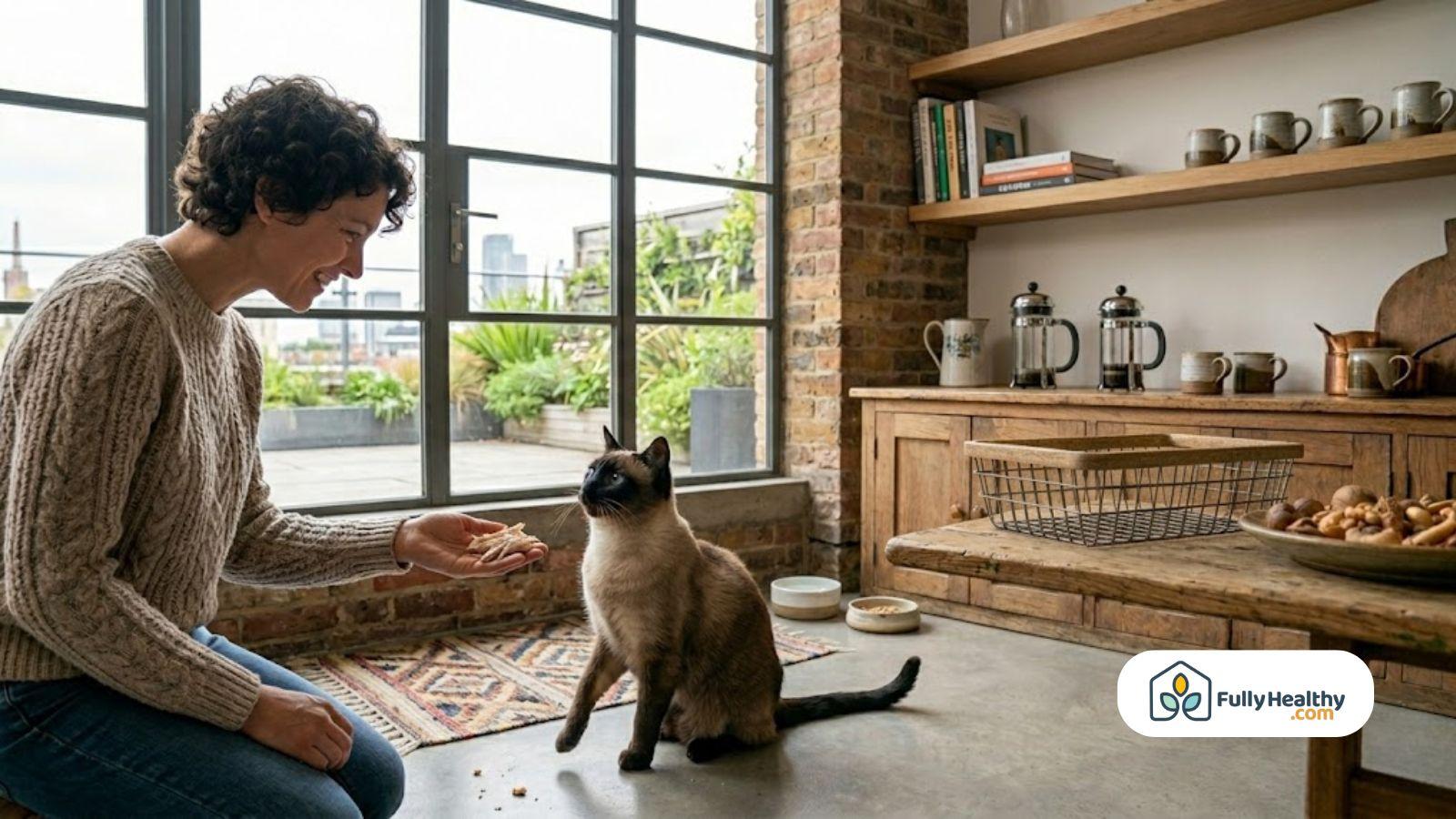 Person offering a small piece of chicken to a cat sitting on the floor in a modern home.