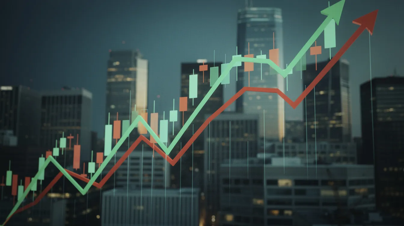 Die abstrakte Darstellung eines Börsencharts zeigt sowohl Aufwärts- als auch Abwärtsbewegungen, während im Hintergrund eine markante Skyline zu sehen ist. Diese Grafik symbolisiert die Schwankungen und Wertentwicklung des MSCI World Index, der Unternehmen aus 23 Industrieländern umfasst.