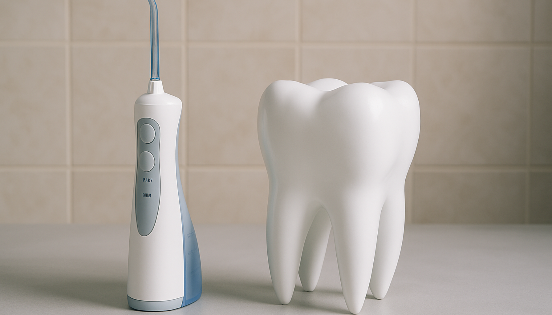 Elektrisk vannflosser ved siden av tannmodell.