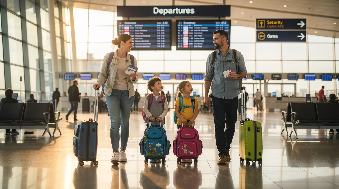 A family with young children is walking through an airport departure terminal, each carrying their own luggage as they prepare for their journey. The scene captures the excitement and anticipation of traveling, possibly in relation to visa requirements for entering Ireland or Australia.