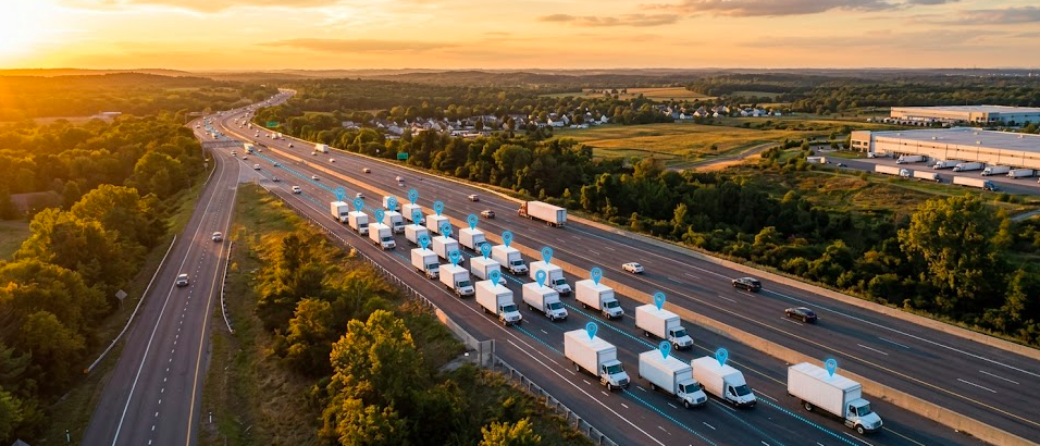The image shows a commercial fleet of trucks parked neatly at a distribution center, ready for delivery. These company-owned vehicles may utilize GPS tracking devices to ensure efficient routing and compliance with various state GPS tracking laws.