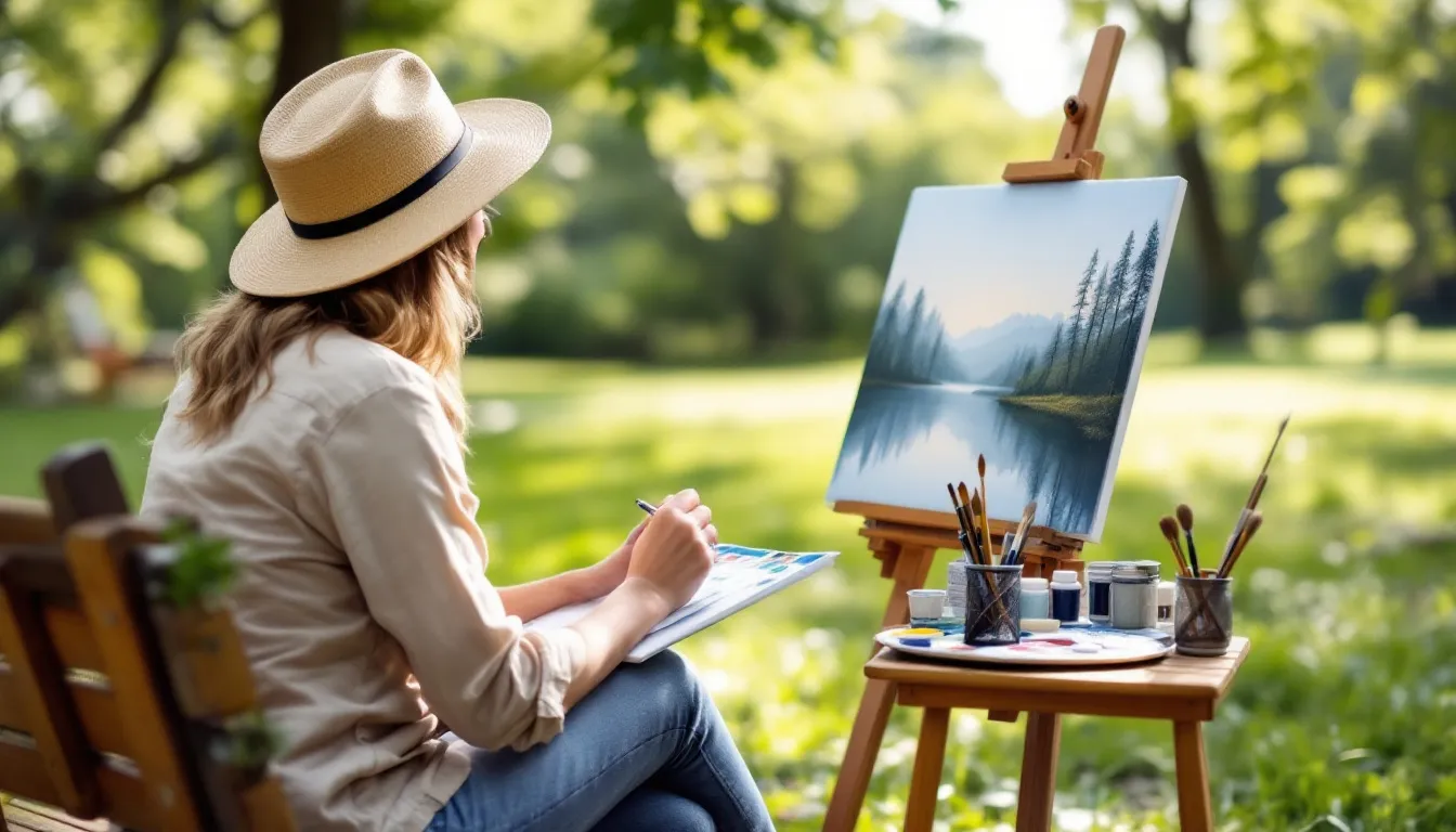 A person is peacefully engaged in the painting process, creating a beautiful nature scene on a canvas, with vibrant acrylic paints and brushes neatly arranged nearby. This relaxing activity showcases nature's beauty and provides a perfect way for artists of all skill levels to enjoy the creative experience.