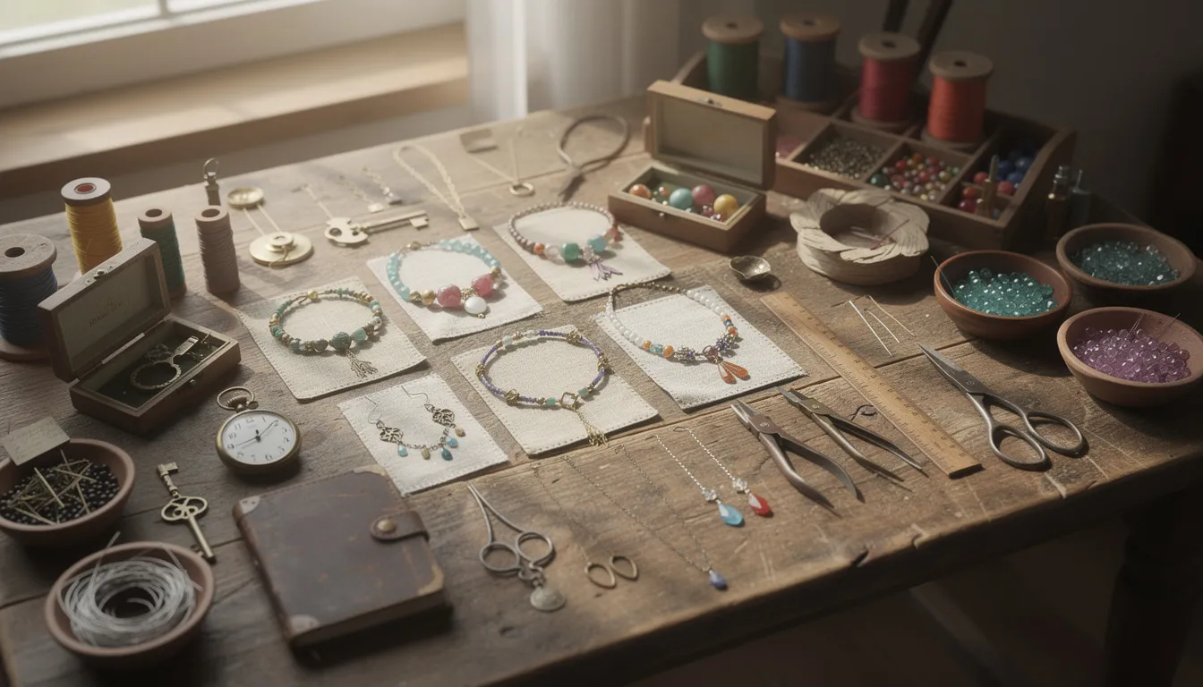 The image depicts an artisan workspace featuring an array of handmade jewelry, vintage items, and various craft supplies neatly arranged on a rustic wooden table. This creative environment is ideal for those interested in online selling, showcasing products that could attract passionate buyers on platforms like eBay or Facebook Marketplace.