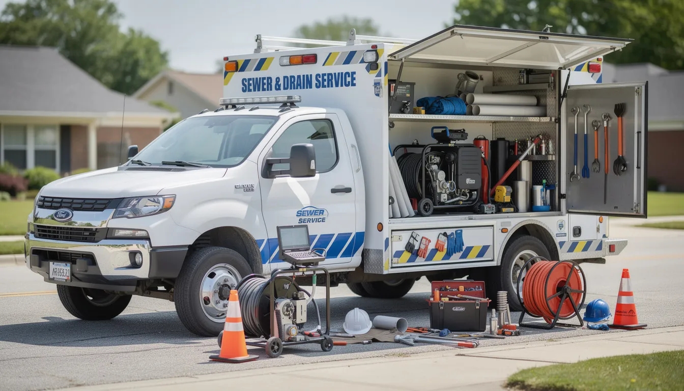 The image shows a service truck fully equipped with professional sewer cleaning and repair tools, ready to tackle unique sewer challenges faced by homeowners and businesses. This reliable vehicle is designed for sewer line repair, ensuring efficient service for clogged sewer lines and other sewer issues in the surrounding areas.
