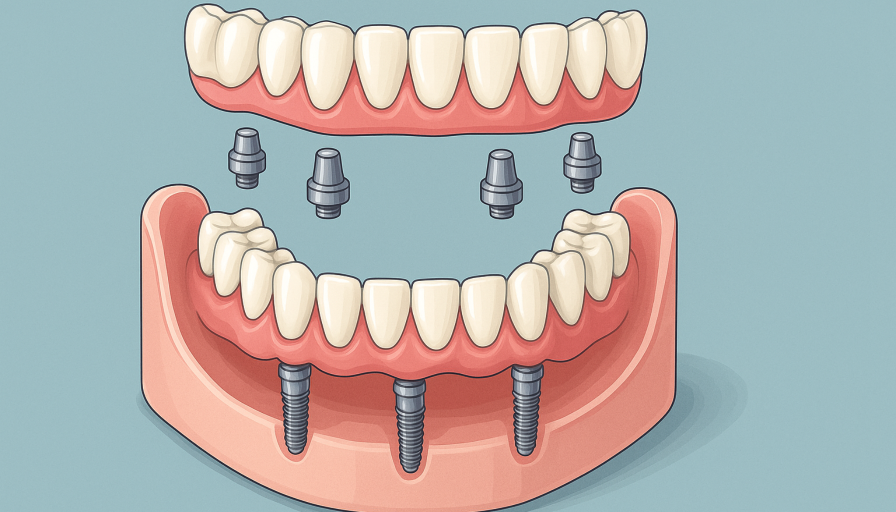 Illustrasjon av All-on-4 tannimplantatsystem som viser fire implantater som støtter en komplett tannrekke.