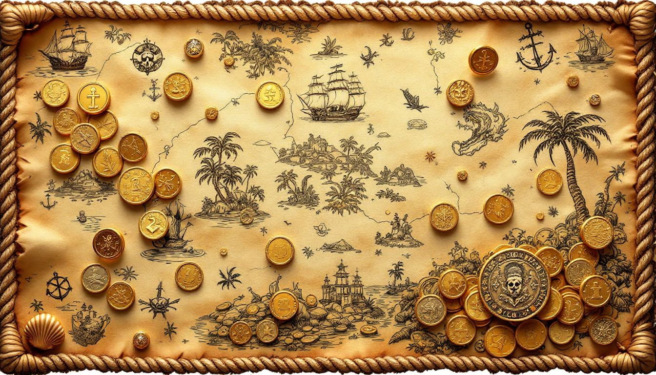 Different types of pirate gold coins including escudos and cobs.