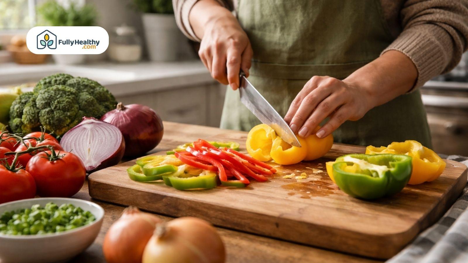 Person slicing bell peppers on cutting board with fresh vegetables nearby