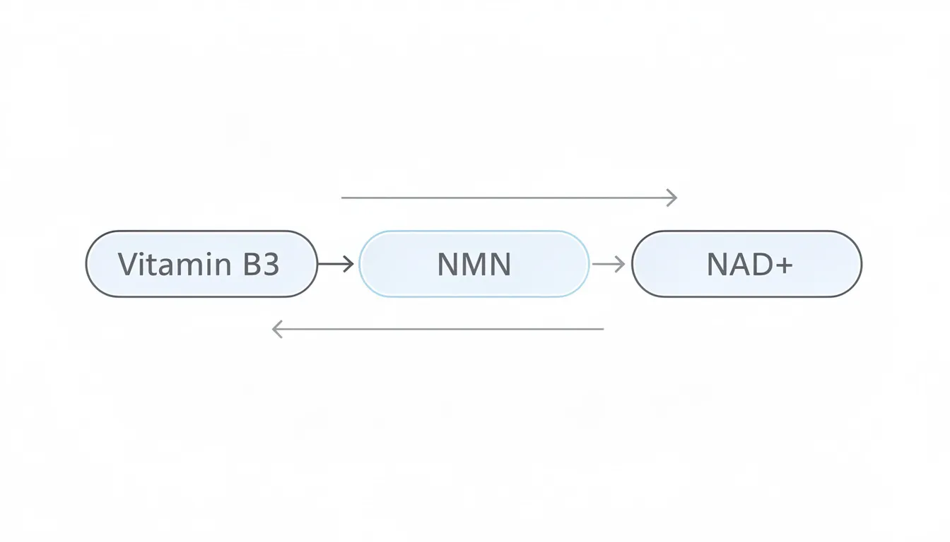 The image depicts a clean and minimal arrow diagram illustrating the conversion pathway from Vitamin B3 to nicotinamide mononucleotide (NMN) and then to nicotinamide adenine dinucleotide (NAD+), highlighting the importance of these compounds in cellular health and energy production. This visual representation emphasizes the role of NMN supplements in enhancing insulin sensitivity and supporting overall health.