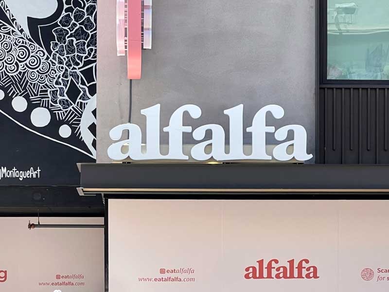 Non-illuminated channel letter signs make a strong impression in daylight, as shown here with Alfalfa’s storefront sign in Los Angeles.