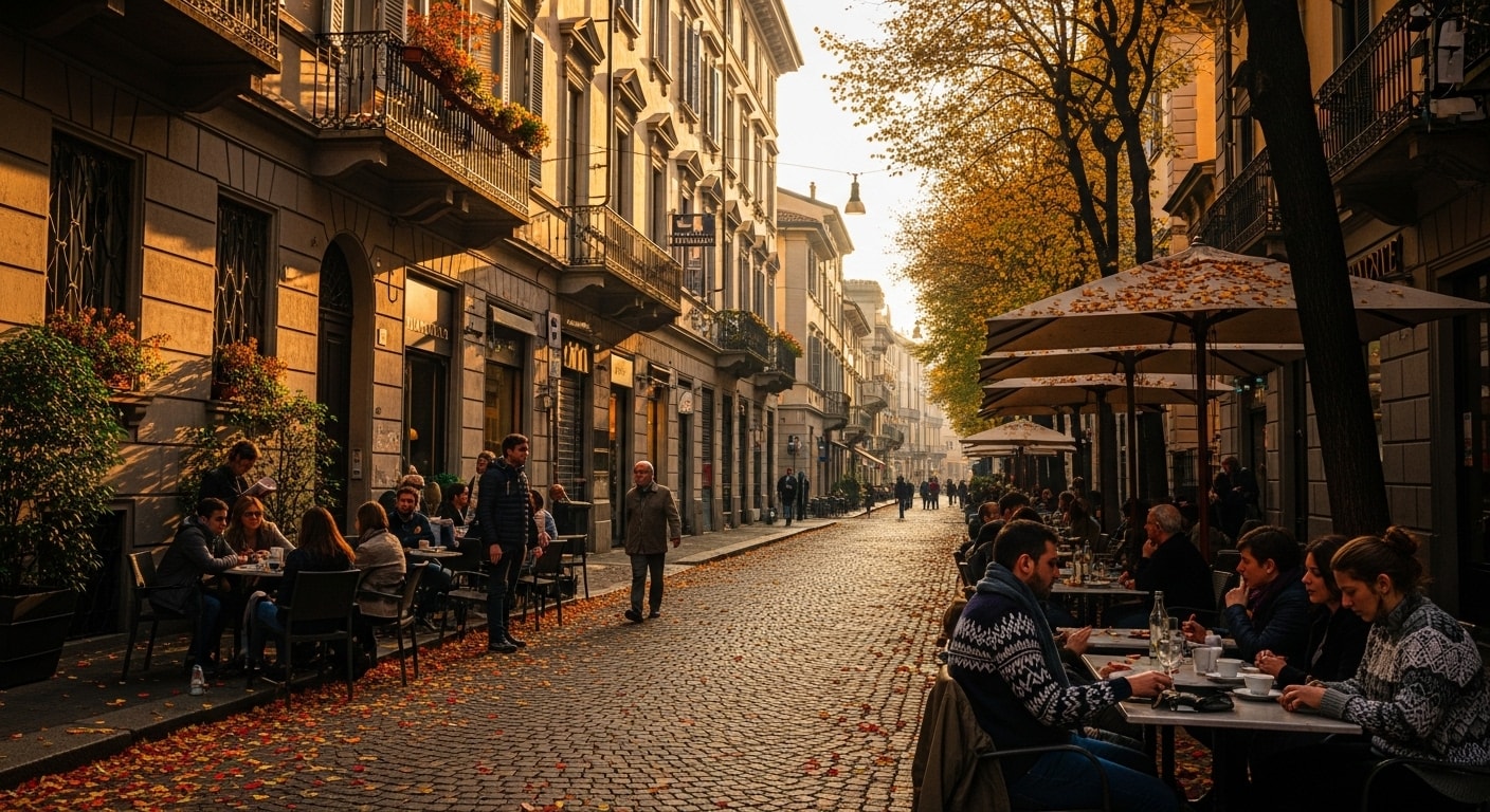 Autumn street in Milan with warm sunlight and people at outdoor cafés