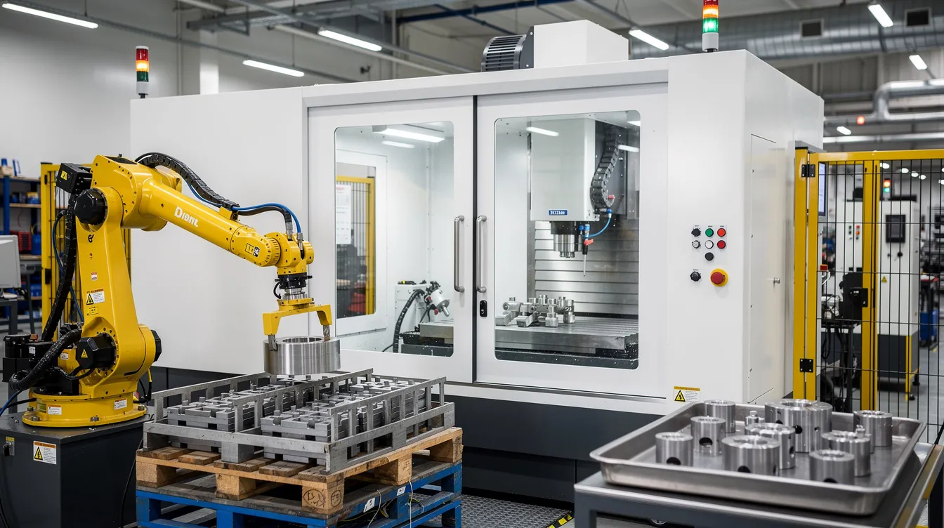 The image depicts a modern automated CNC machining cell featuring a robotic loading arm in a bright factory setting, highlighting advanced technology used in aerospace manufacturing. This setup emphasizes precision CNC machining processes for creating complex aerospace components, such as turbine blades and engine parts, with a focus on high accuracy and efficiency.