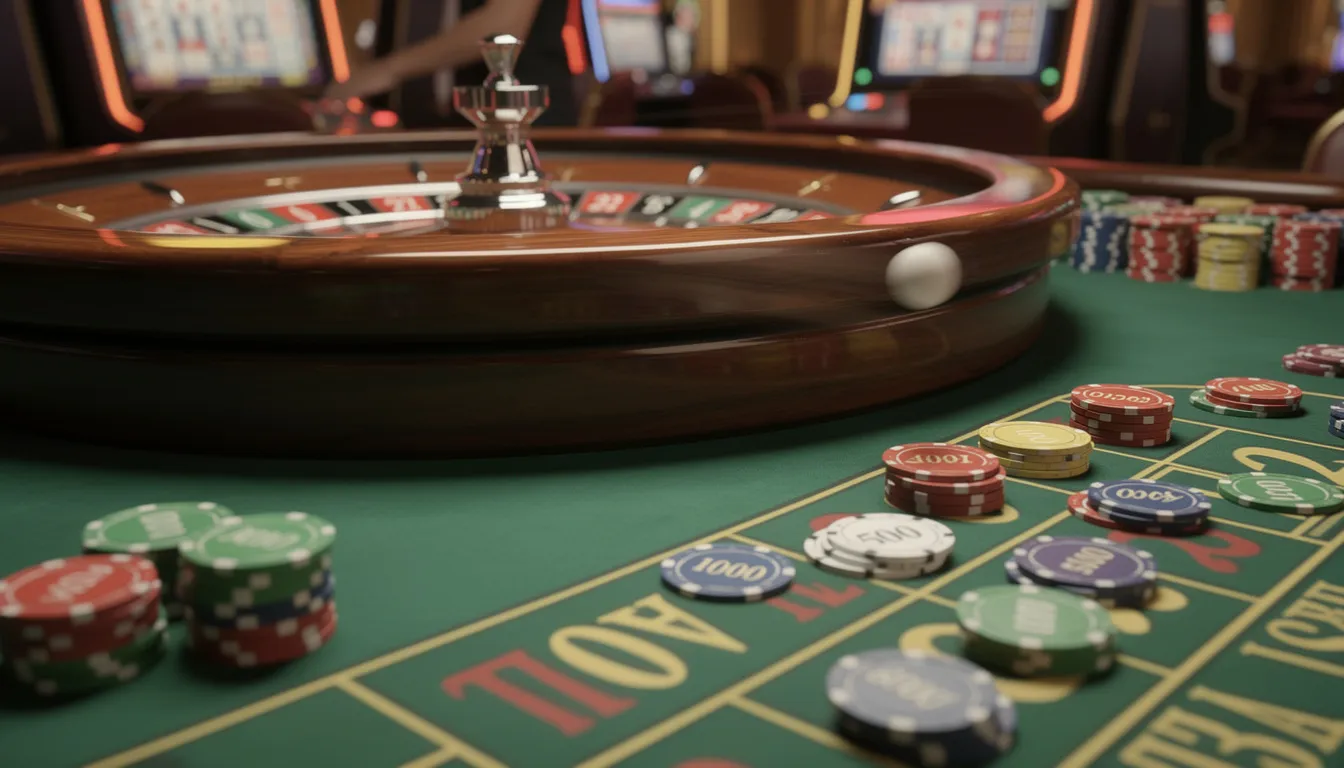 En snurrande roulette-hjul på ett casino-bord, omgiven av färgglada marker, skapar en spännande atmosfär för spelare som vill spela hos 10bet. Hjulet snurrar snabbt medan spelarna väntar på resultatet av sina insatser.