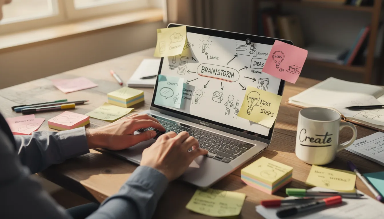 The image shows a person focused on typing on a laptop, surrounded by scattered notes filled with creative brainstorming ideas on a desk, symbolizing the use of AI productivity tools for managing projects and automating routine tasks. The scene captures the essence of leveraging AI technologies to enhance workflow and boost productivity.