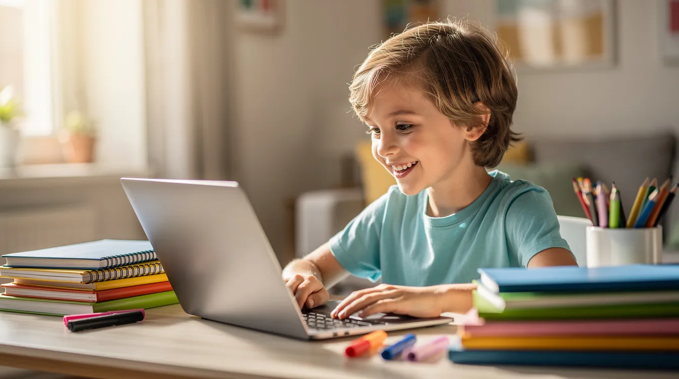 Bir laptopa bakan mutlu bir çocuk, ders çalışırken gülümsemekte. Çocuk, özel ders alarak matematik konularında kendini geliştirmeye çalışıyor.