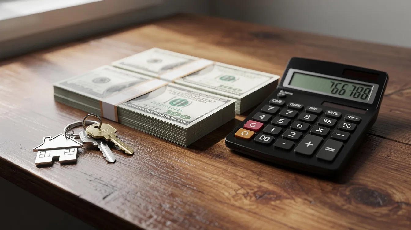 The image features a calculator placed next to stacks of cash and a set of house keys on a wooden desk, symbolizing the financial aspects of real estate investing. This setup highlights the importance of gap funding and hard money loans in covering costs associated with a real estate investment project.