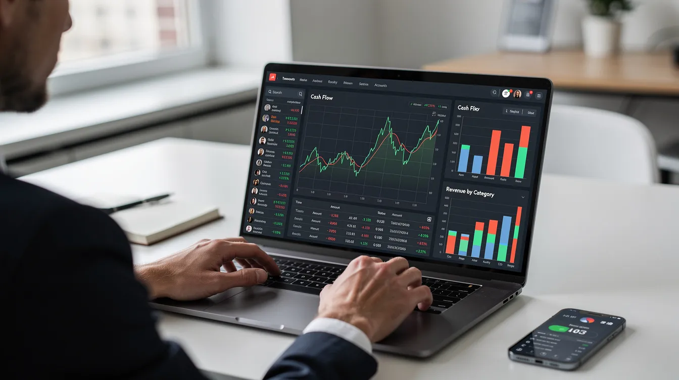 A person is focused on their laptop, which displays a financial dashboard filled with real-time transaction feeds and various charts for financial reporting. This setup illustrates the integration of AI technology in accounting, enabling professionals to perform tasks more efficiently and make informed financial decisions.