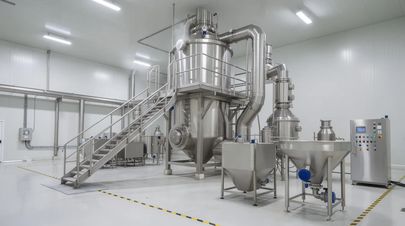 864a2d3a bbc1 4a4a bc25 c59169b41c83 The image depicts a large industrial spray dryer unit within a food ingredient manufacturing facility, designed for the efficient production of pea protein isolate. This equipment plays a critical role in the manufacturing process, converting wet fractions of yellow peas into dry protein powder, suitable for various food applications and protein supplements.