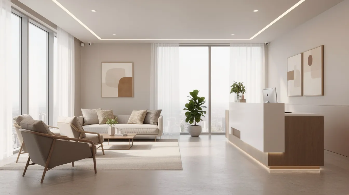 The image depicts a modern medspa reception area designed to be welcoming, featuring comfortable seating and ample natural light, with minimalist decor in soothing neutral tones. This inviting space is ideal for patients considering body contouring procedures and other plastic surgery options.