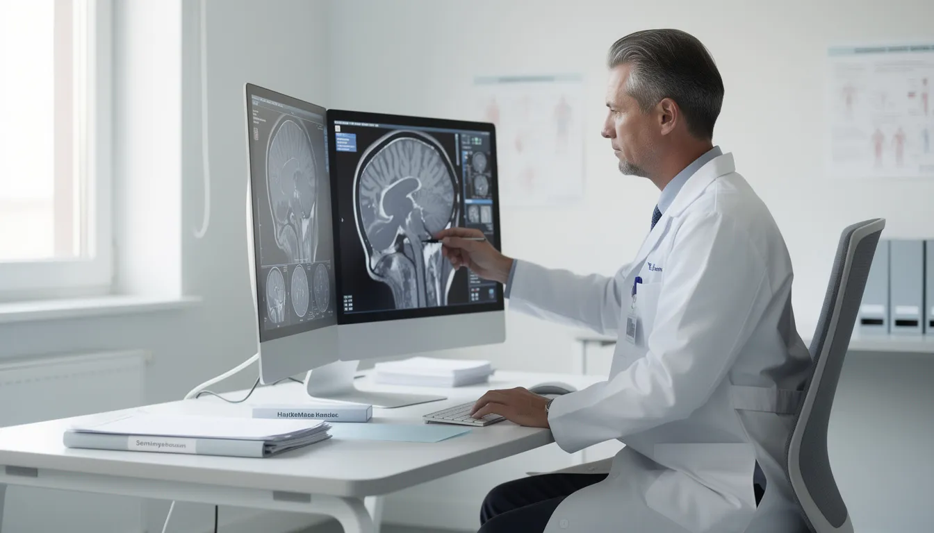 En läkare i vit rock granskar medicinska bilder av höft och bäcken på en datorskärm i ett modernt kontor. Bilderna används för att upptäcka eventuella förändringar eller tillstånd hos patienterna, såsom inflammation eller artros.