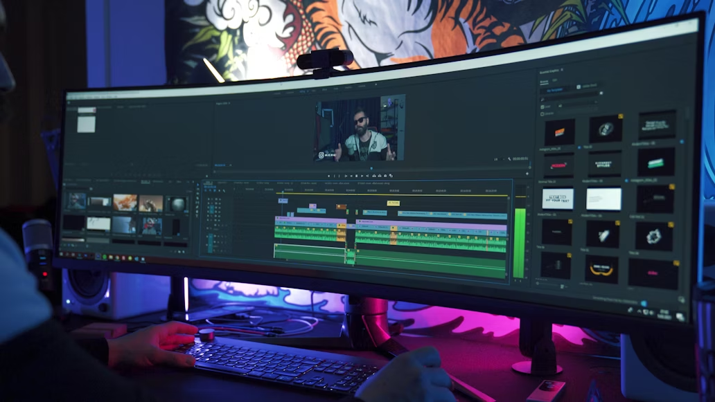 Person editing a video on an ultrawide curved monitor showing a multi-track timeline in video editing software, with a webcam on top and neon-lit desk setup.