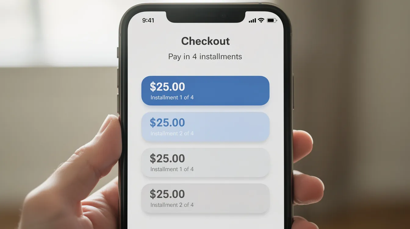 The image shows a smartphone screen displaying a checkout page with four equal installment amounts for a purchase, highlighting a flexible payment option through buy now pay later (BNPL) services. Each installment is labeled as an interest-free payment, providing an attractive option for users looking to manage their budget with monthly payments.