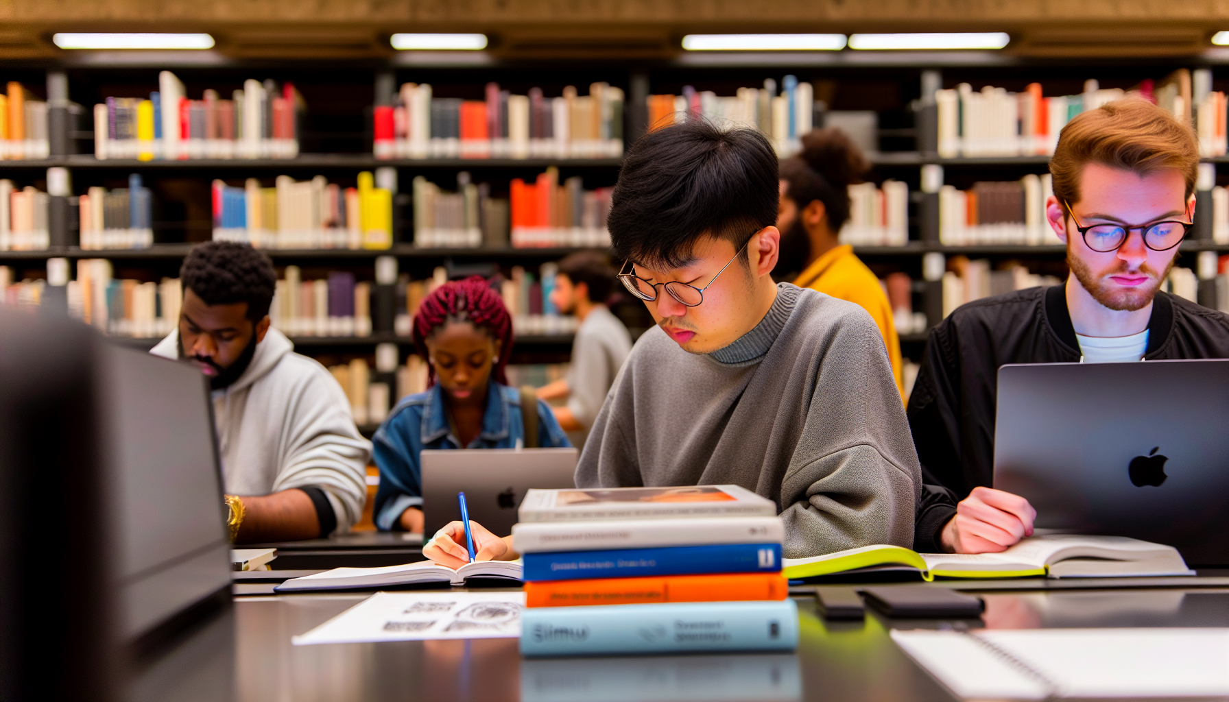 Diverse group of students studying in the campus library at Parsons School of Design
