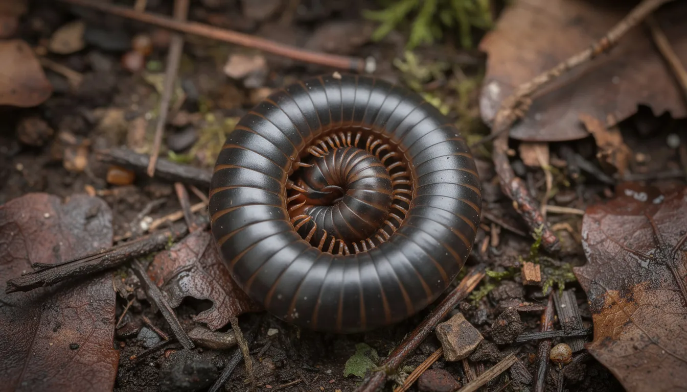 A close-up photograph captures a dark millipede, specifically a tachypodoiulus niger, curled into a defensive spiral on the woodland floor, surrounded by decaying vegetation and leaf litter. Its cylindrical body, adorned with contrasting white legs, highlights its many segments, showcasing the millipede's role as an important recycler of nutrients in its habitat.