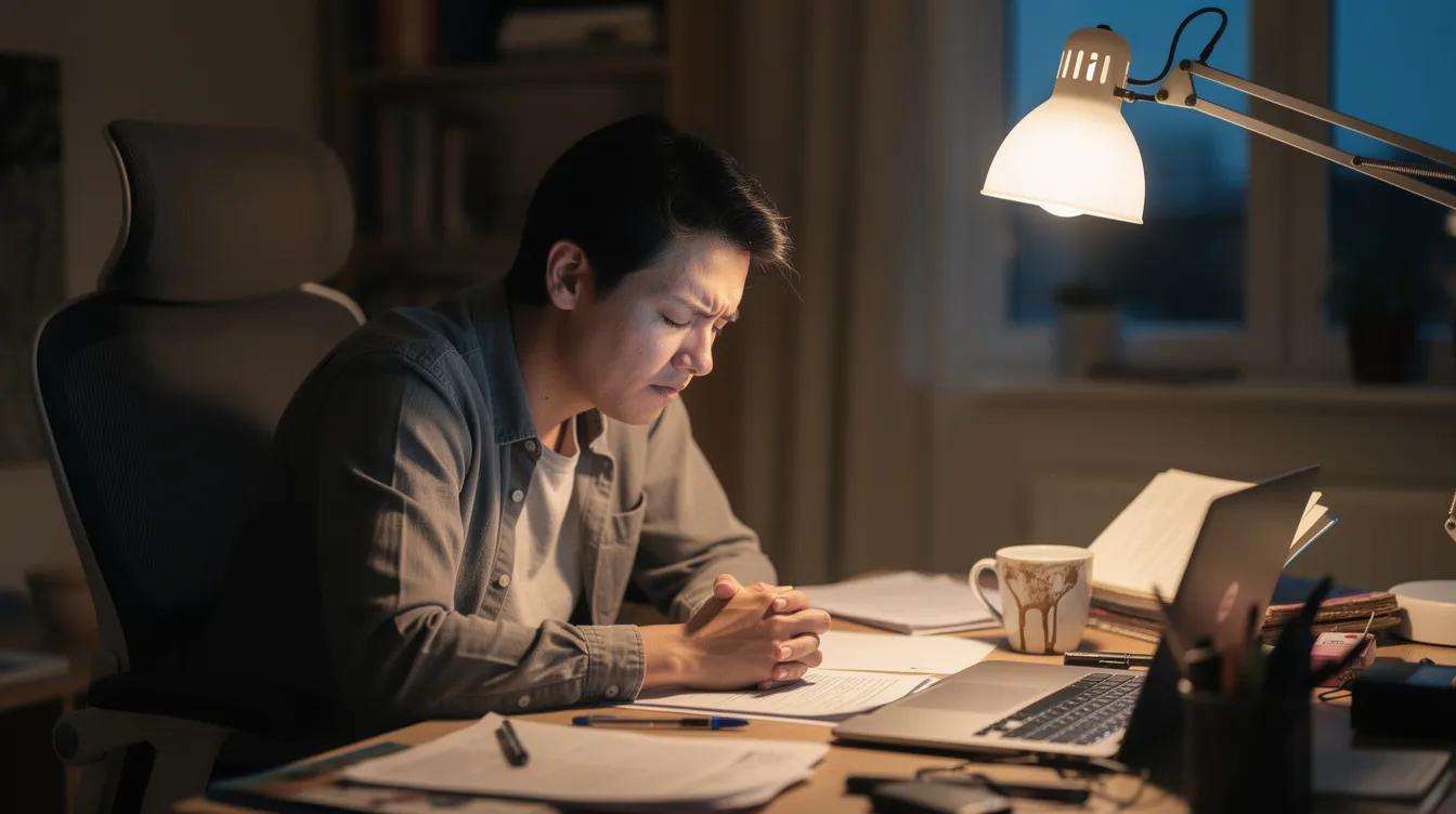 Eine erschöpfte Person sitzt am Schreibtisch mit geschlossenen Augen, was auf hohe Stresslevel und möglicherweise erhöhte Cortisolwerte hindeutet. Diese Szene verdeutlicht die Auswirkungen von Dauerstress auf den Körper und die Notwendigkeit, den Cortisolspiegel zu senken.